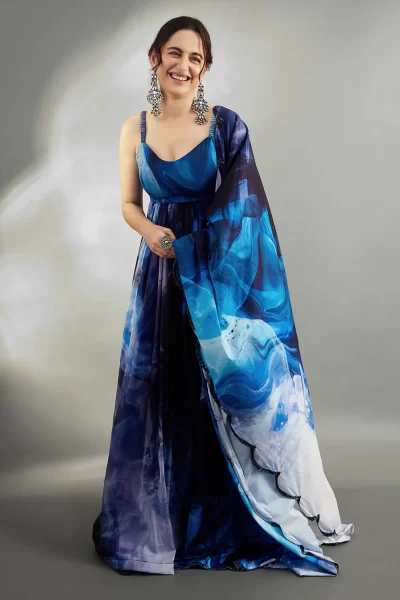 Shaded Blue Strappy Chiffon Anarkali with matching Chiffon Palazzo and Shaded Blue Imported Crepe Scallop Embroidered Dupatta