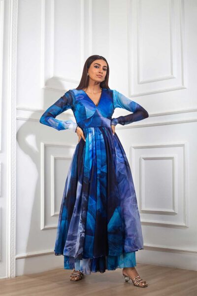 Blue Printed Chiffon Anarkali with matching Blue Chiffon Palazzo and Blue Chiffon Embroidered Dupatta