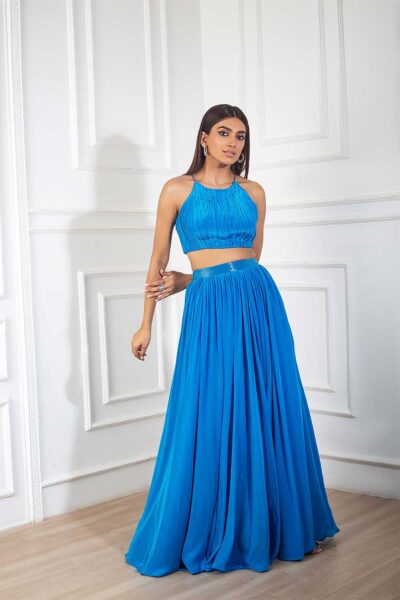 Teal Blue Ruched Crepe Blouse with Teal Blue Crepe Embroidered Skirt