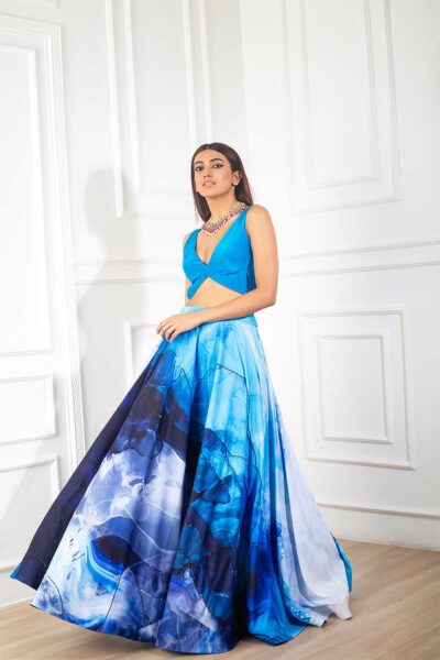 Teal Blue Crepe Ruched Blouse with Blue Imported Crepe Printed Skirt