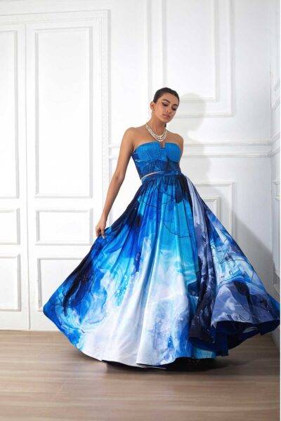 Blue Crepe Ruched Corset with Blue Shaded Imported Crepe Embroidered Skirt