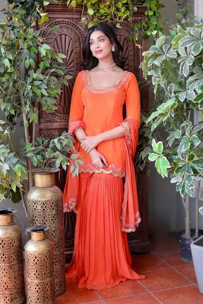 Orange Crepe Mirror work Short Kurti with matching Orange Chinon Sharara and Orange Chinon Mirror Scallop Embroidered Dupatta
