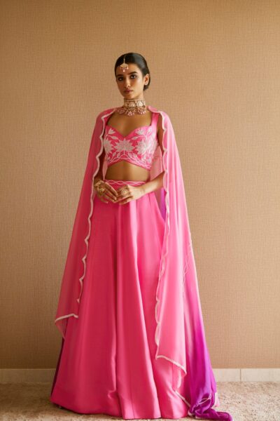 Baby Pink Silk Lotus Embroidered Blouse with matching Pink Silk Lehenga and Shaded Pink Embroidered Scallop Organza Dupatta