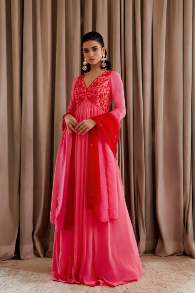 Bubblegum Pink Crepe Floral Embroidered Anarkali with Shaded Pink and Red Embroidered Organza Dupatta