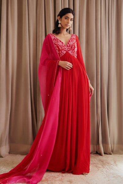 Tomato Red Crepe Floral Embroidered Anarkali with Shaded Pink and Red Embroidered Organza Dupatta