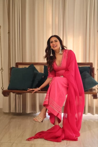 Hot Pink Silk Mirror work Kurti with matching Kasab Embroidered Palazzo and Rani Pink with Mirror work Organza Dupatta