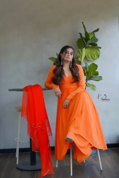 Orange Chinon Neckline Embroidered Anarkali with matching Orange Chinon Palazzo and Orange Scallop Embroidered Organza Dupatta