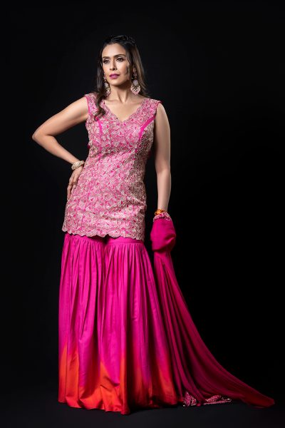 Pink-Orange Ombre Floral Sharara Set