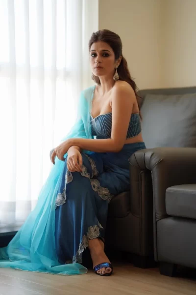 English Blue Crepe Embroidered Blouse with matching Blue Crepe 3 Layer Floral Embroidered Sharara and Ice Blue Scallop Embroidered Organza Dupatta