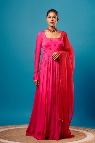 Fuchsia Pink Mirror-work Anarkali Set