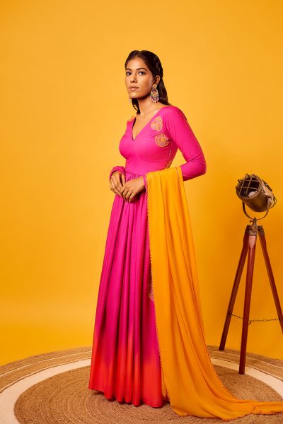 Pink Ombre Imported Crepe Flower Embroidered Anarkali with Yellow Chinon Embroideed Dupatta