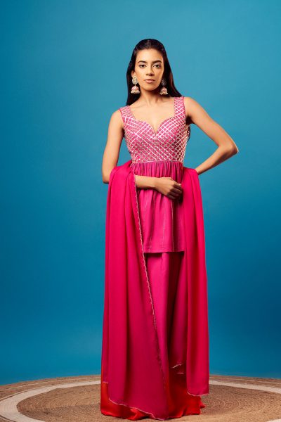 Pink Imported Crepe Criss-Cross Embroidered Peplum Kurti with Pink Ombre Imported Crepe Palazzo and Pink Chinon Embroidered Dupatta