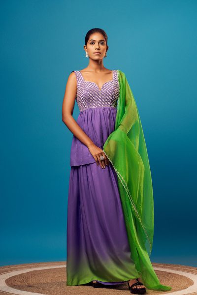 Purple Imported Crepe Criss-Cross Embroidered Peplum Kurti with Purple Ombre Imported Crepe Palazzo and Green Organza Embroidered Dupatta