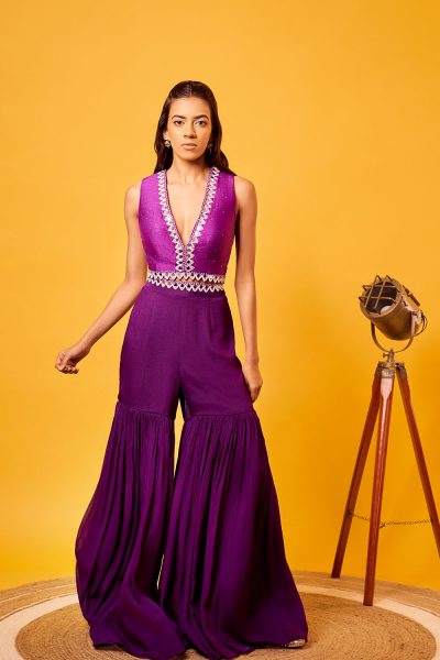 Purple Silk Mirror-work Blouse with Purple Mirror embroidered Chinon Sharara and Blue Organza Mirror work Dupatta