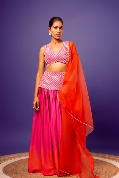 Pink Criss-Cross Embroidered Imported Crepe Blouse with matching Pink Ombre Criss-Cross Embroidered Jasmine Palazzo and Orange Scallop Embroidered Organza Dupatta