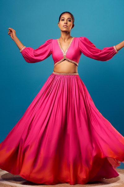 Pink-Orange Ombre Balloon Sleeve Skirt Set