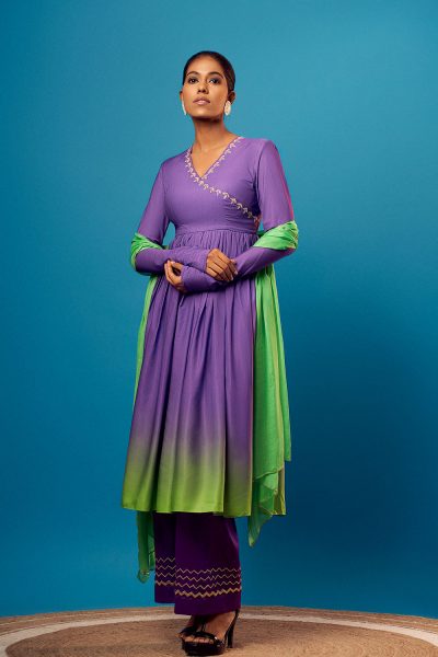 Purple Ombre Imported Crepe Angrakha Kasab Floral Embroidered Anarkali with Purple Silk Kasab Embroidered Palazzo and Green Scallop Embroidered Chinon Dupatta