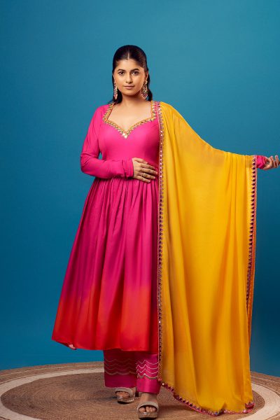 Pink Ombre imported Crepe Mirror work Sweetheart Anarkali with Pink Silk Kasab Embroidered Palazzo and Yellow Chinon Embroidered Dupatta