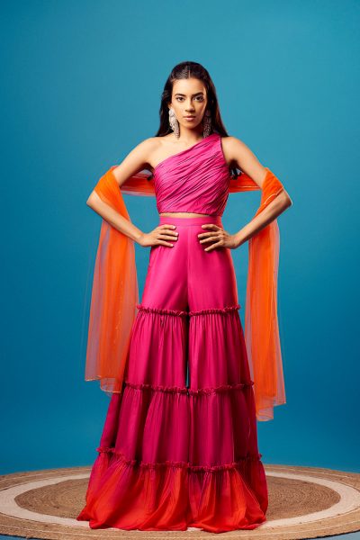 Pink-Orange Ombre One Shoulder Tiered Sharara Set