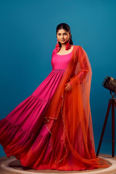 Pink Ombre Imported Crepe Tiered Anarkali with Orange Scallop Embroidered Net Dupatta