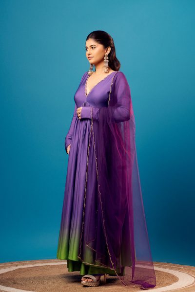 Purple Ombre Imported Crepe Scallop Neckline Embroidered Anarkali with matching Imported Crepe Palazzo and Purple Scallop Embroidered Net Dupatta