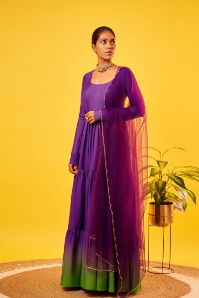 Purple Ombre Imported Crepe Tiered Anarkali with Purple Scallop Embroidered Net Dupatta