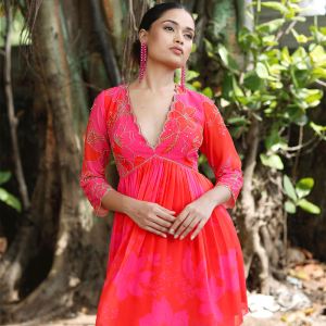 Pink/Red Printed Peplum Kurti Set