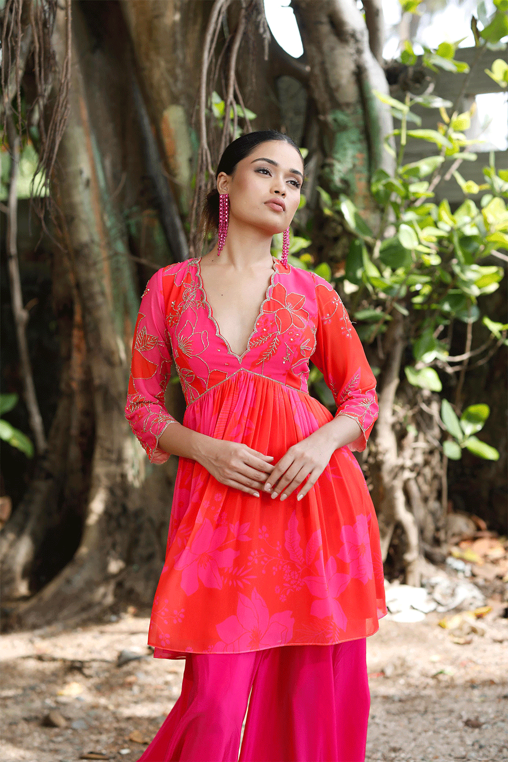 Pink/Red Printed Peplum Kurti Set