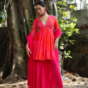 Pink/Red Printed Peplum Kurti Set