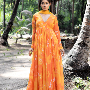 Yellow/Orange Printed Scallop Anarkali Set