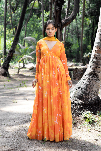 Yellow/Orange Printed Scallop Anarkali Set
