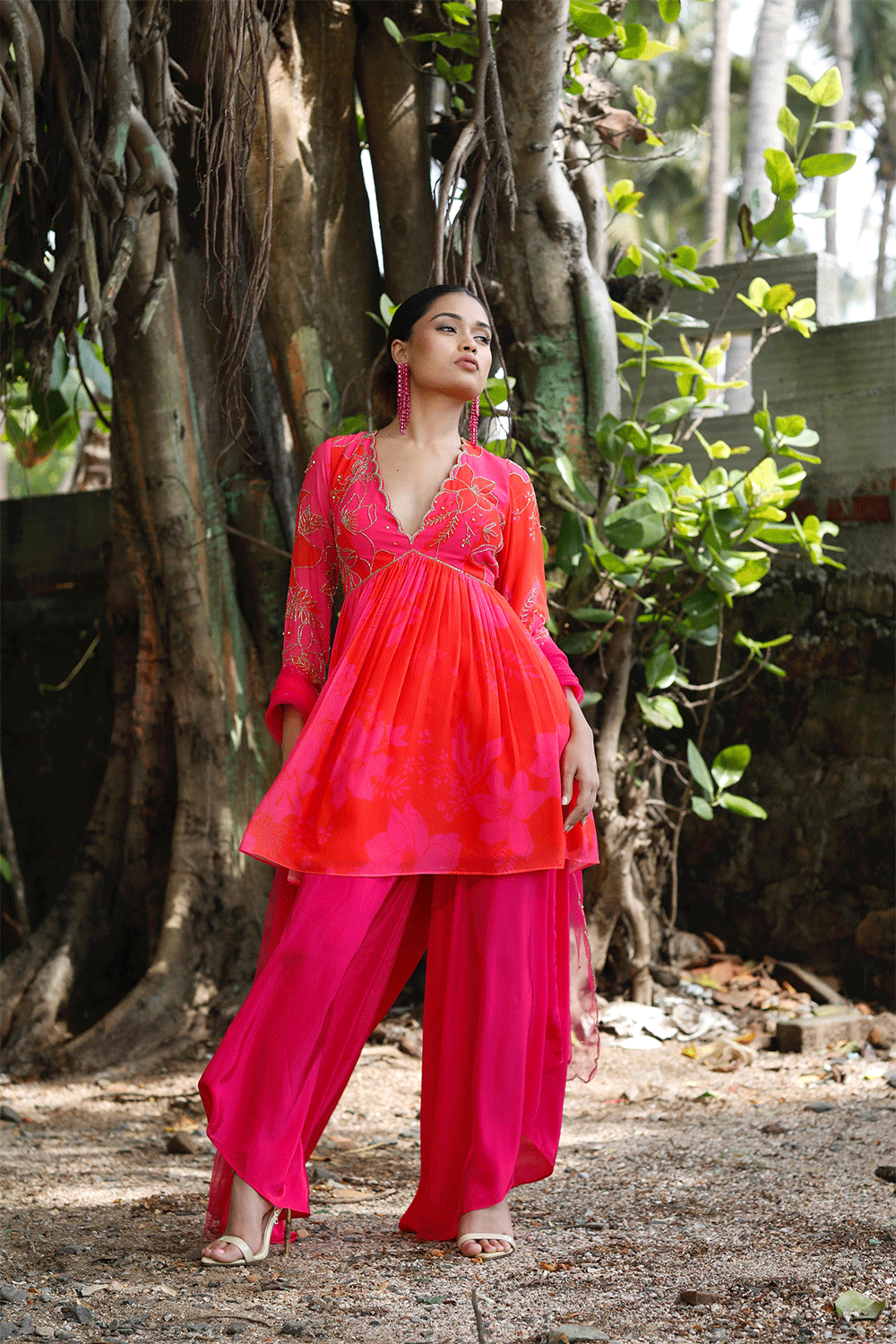 Pink/Red Printed Peplum Kurti Set