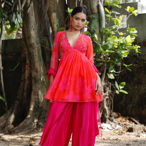 Pink/Red Printed Peplum Kurti Set