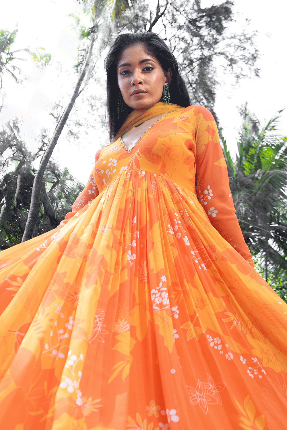 Yellow/Orange Printed Scallop Anarkali Set