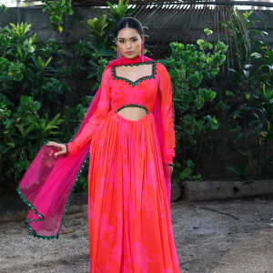 Pink/Red Printed Cut-Out Anarkali Set