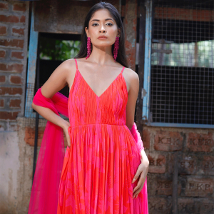 Pink/Red Printed Strappy Ruched Anarkali Set