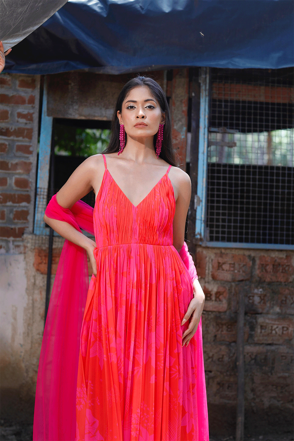 Pink/Red Printed Strappy Ruched Anarkali Set