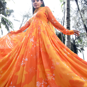 Yellow/Orange Printed Scallop Anarkali Set
