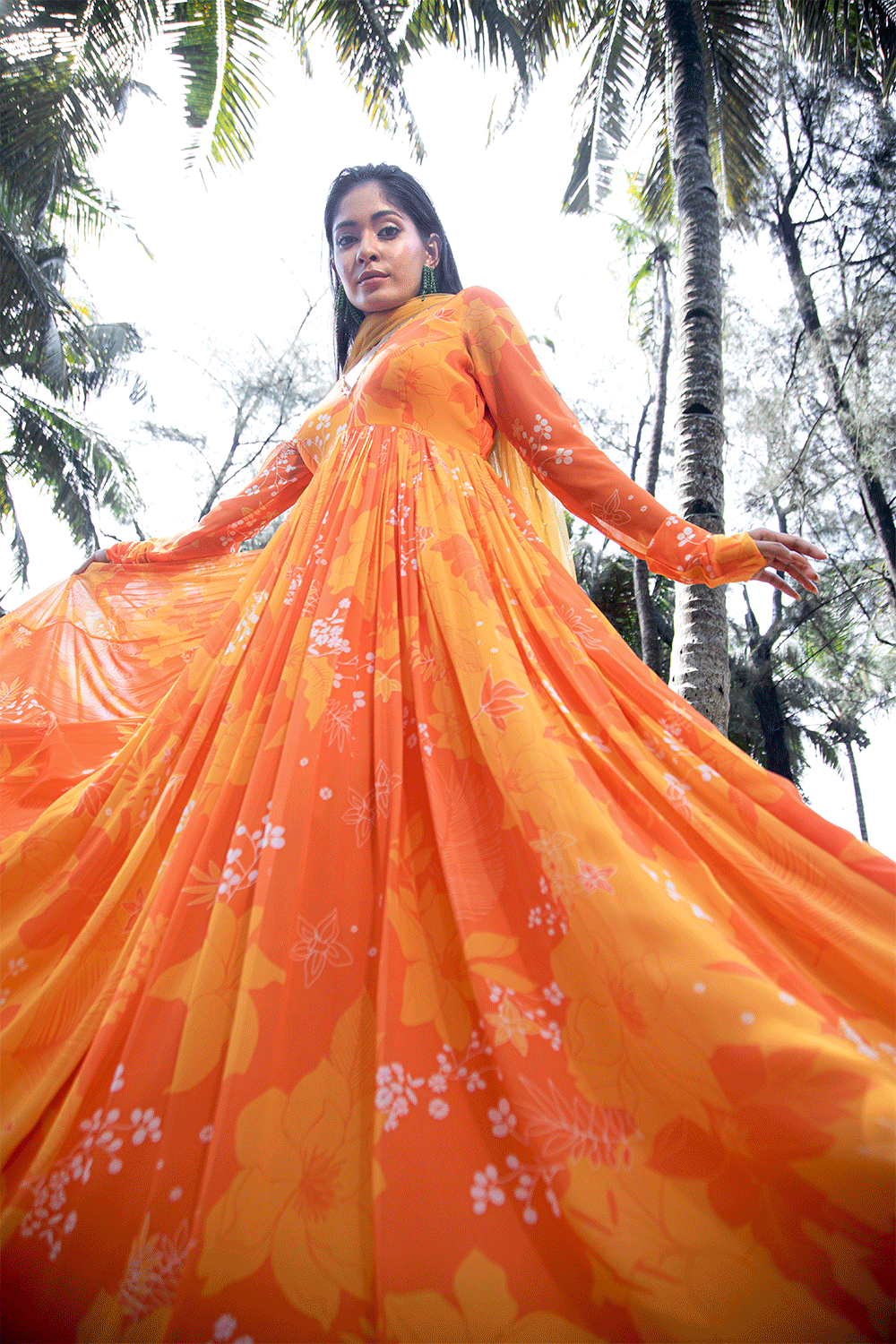 Yellow/Orange Printed Scallop Anarkali Set