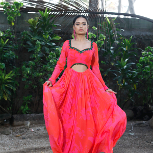 Pink/Red Printed Cut-Out Anarkali Set