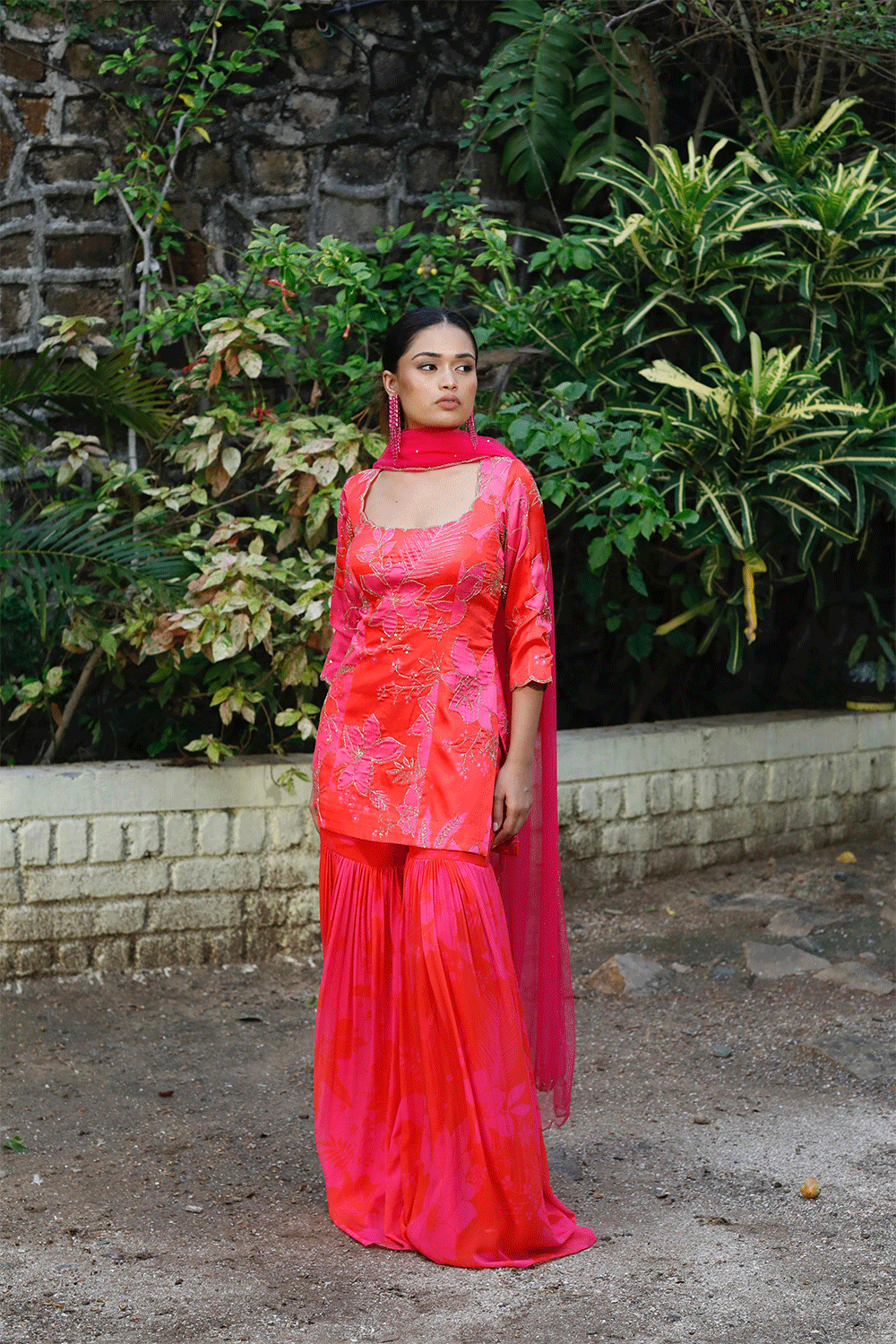 Pink/Red Printed Scoop Scallop Sharara