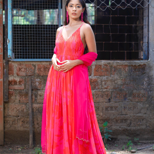 Pink/Red Printed Strappy Ruched Anarkali Set