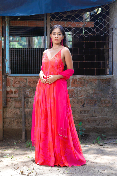 Pink/Red Printed Strappy Ruched Anarkali Set