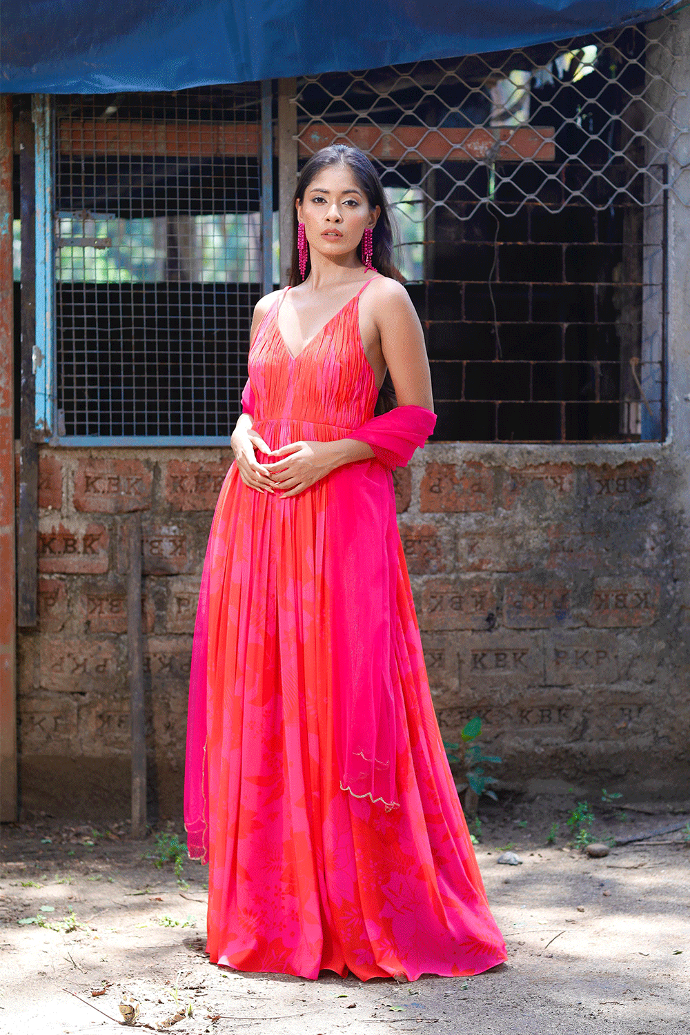 Pink/Red Printed Strappy Ruched Anarkali Set