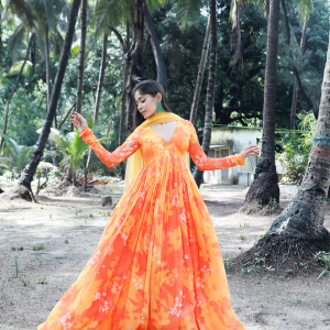 Yellow/Orange Printed Scallop Anarkali Set