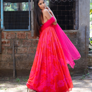 Pink/Red Printed Strappy Ruched Anarkali Set