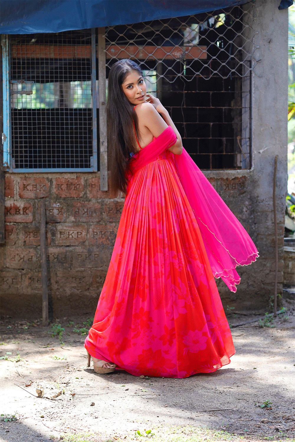 Pink/Red Printed Strappy Ruched Anarkali Set