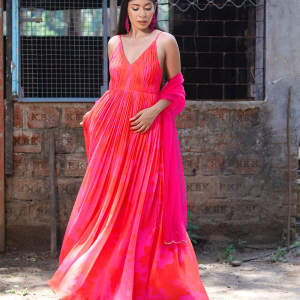 Pink/Red Printed Strappy Ruched Anarkali Set