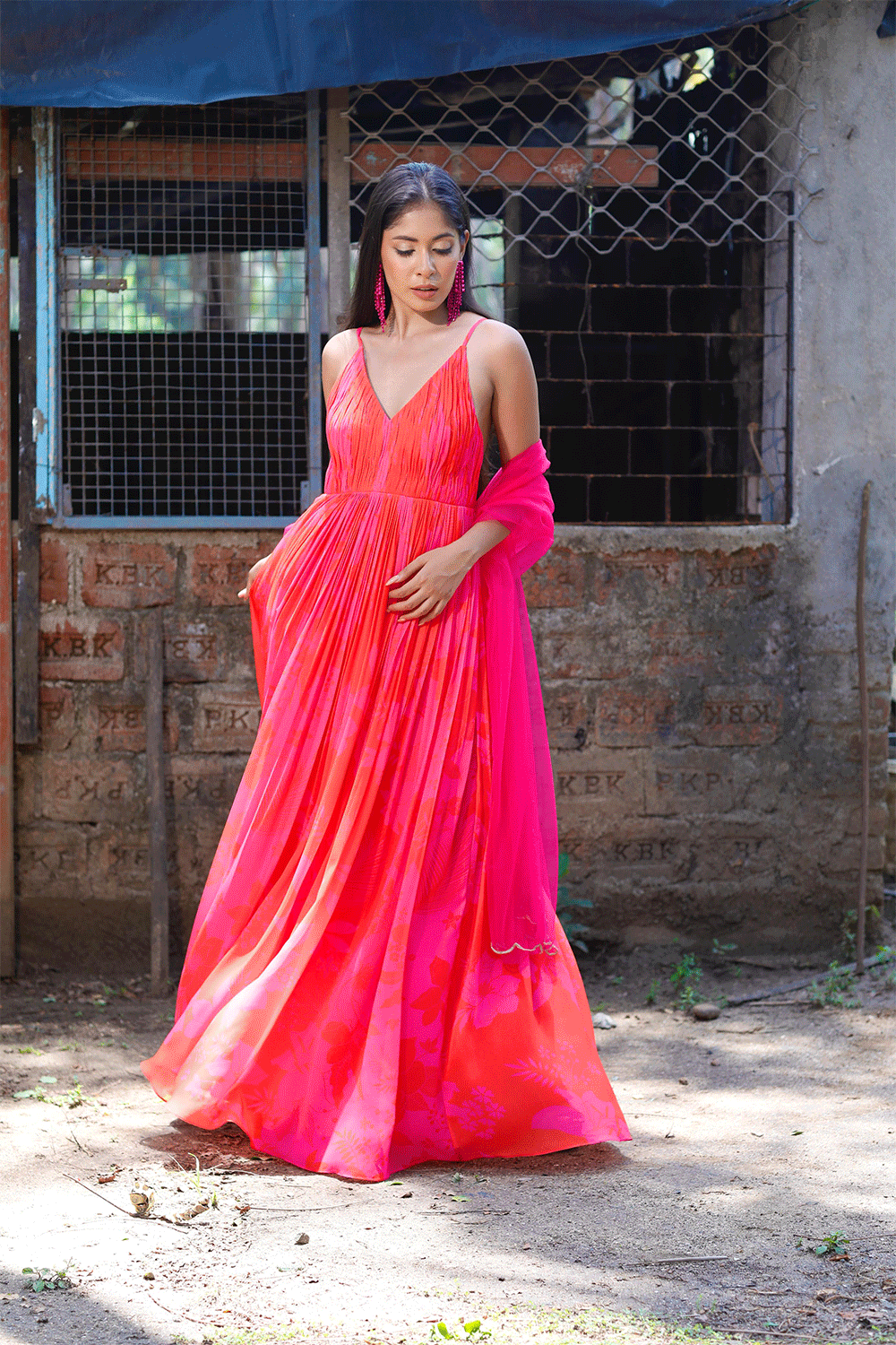 Pink/Red Printed Strappy Ruched Anarkali Set