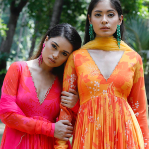 Yellow/Orange Printed Scallop Anarkali Set